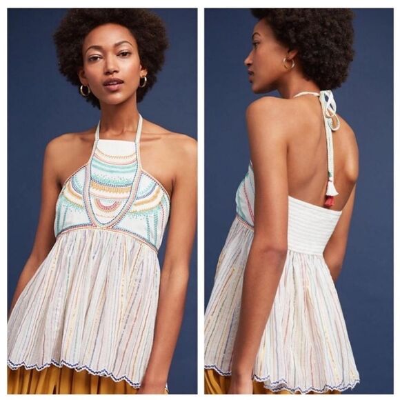 NWT Anthropologie halter top white with multicolor embroidery size 10 - Picture 1 of 6